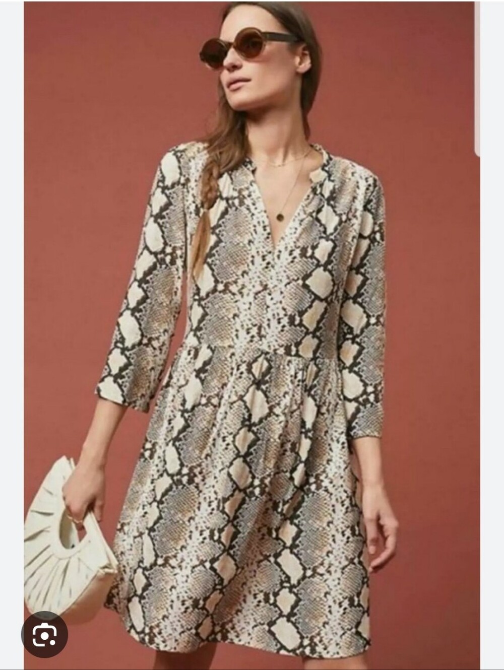 Anthropologie Maeve Juno Snake Print Dress Brown White Vneck Knee Length